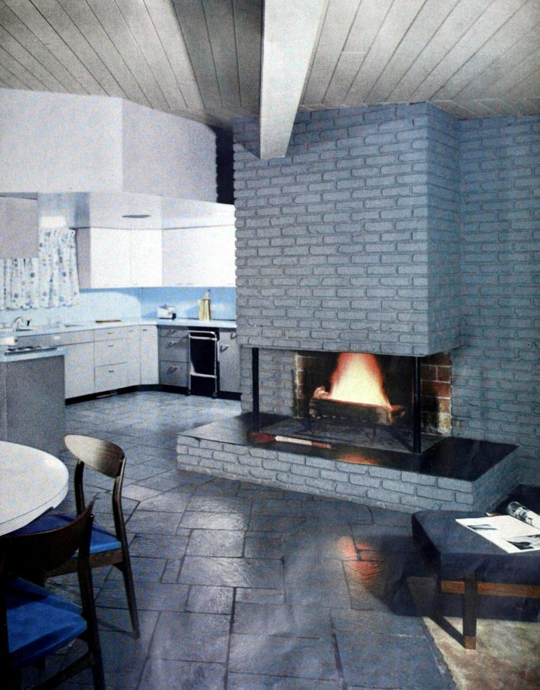 1950s family room and kitchen decor in cool grey and blue
