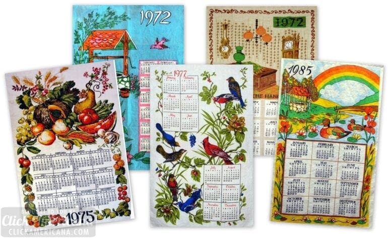 All year long Vintage tea towel calendars lots of people would hang up in the kitchen (1970s-1980s)