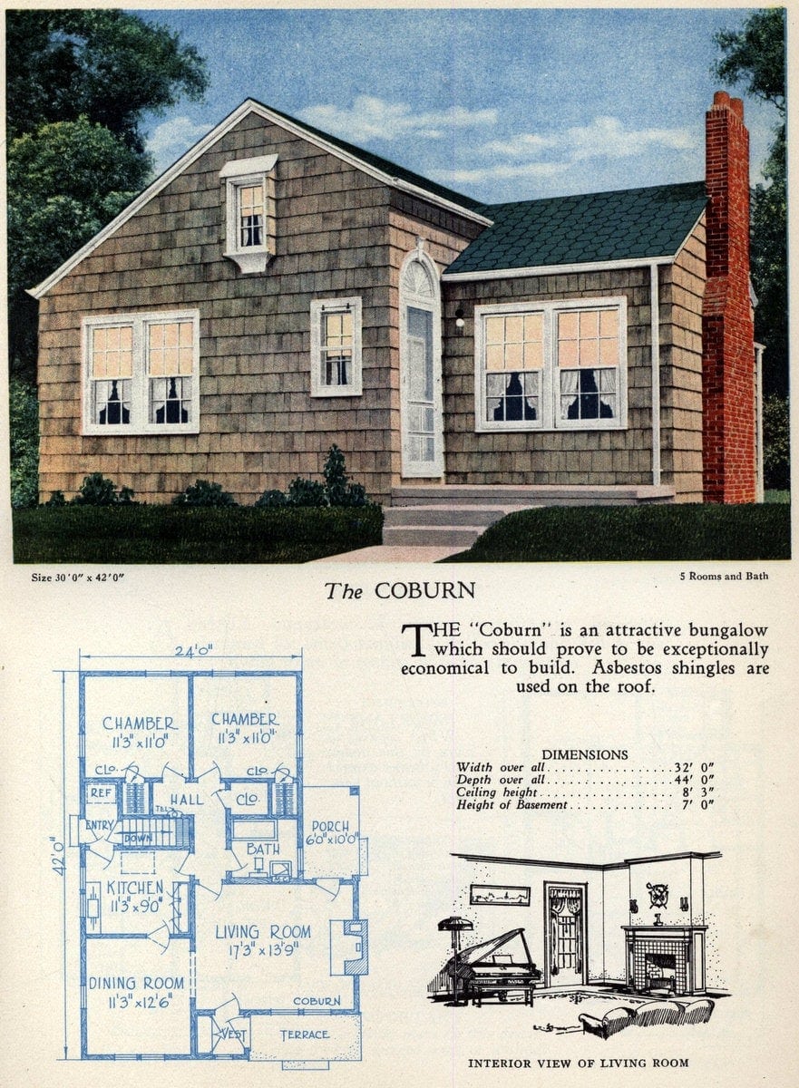 One-story old-fashioned bungalow with wood shingle siding