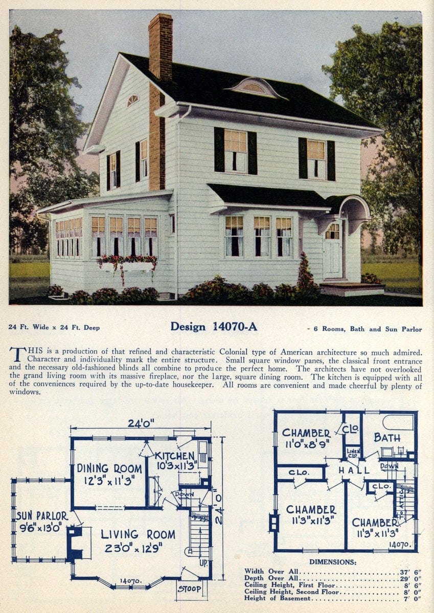 1920s house plan with 6 rooms, a bay window and a large sun parlor