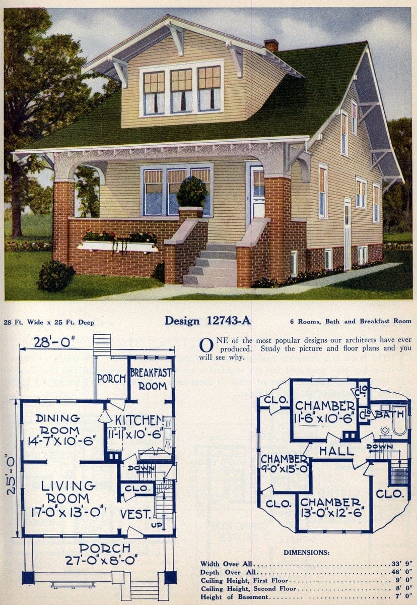 A Craftsman-inspired vintage 1920s home plan with brick porch