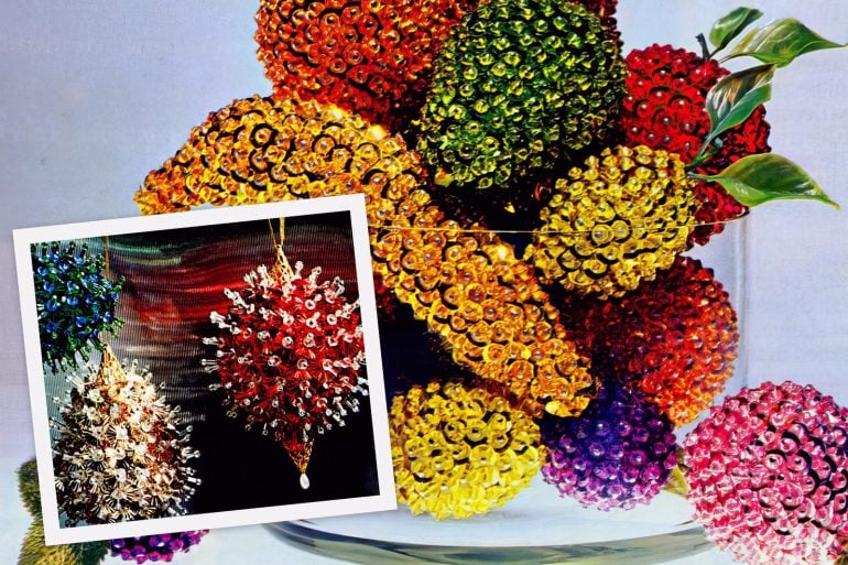 Beaded fruit and jeweled Christmas ornaments
