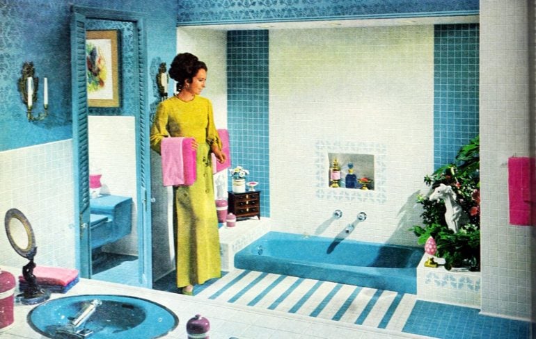 Bright blue tiled vintage 60s bathroom decor (1969)