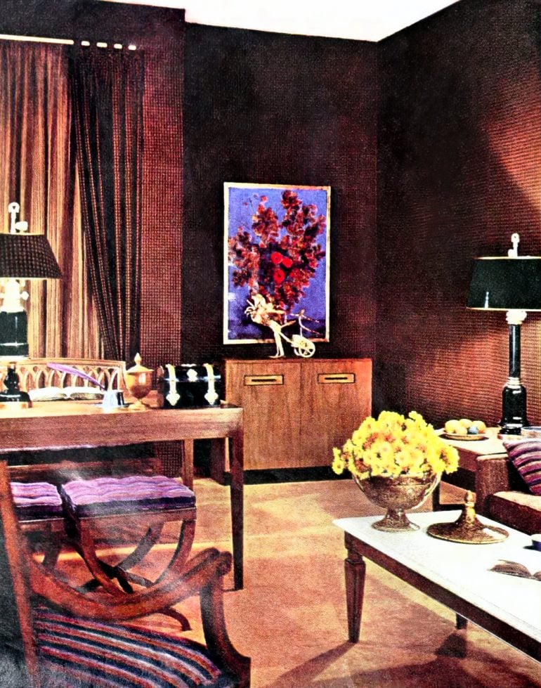 Browns and ambers set this contemporary 1960s living room aglow