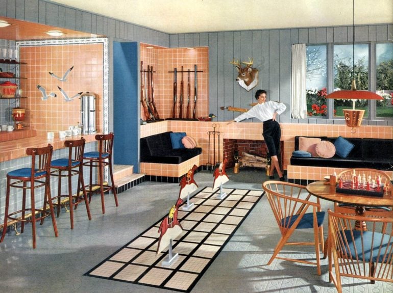 Creative 1950s kitchen and family room decor with salmon pink tile