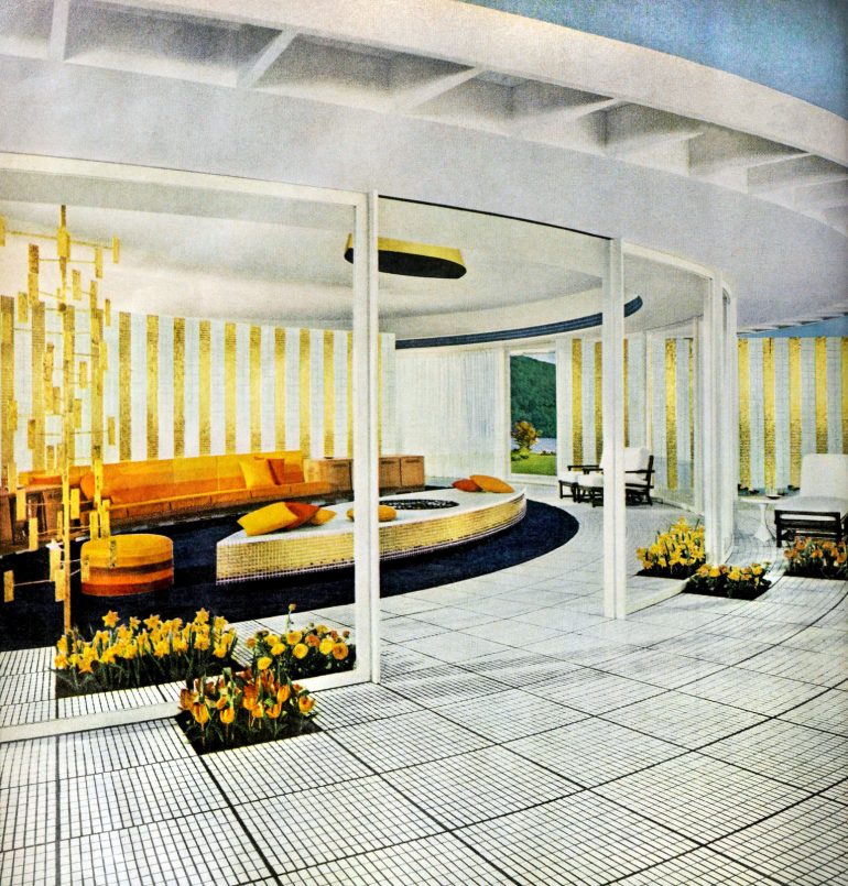 Curved white and gold living room midcentury modern luxury style