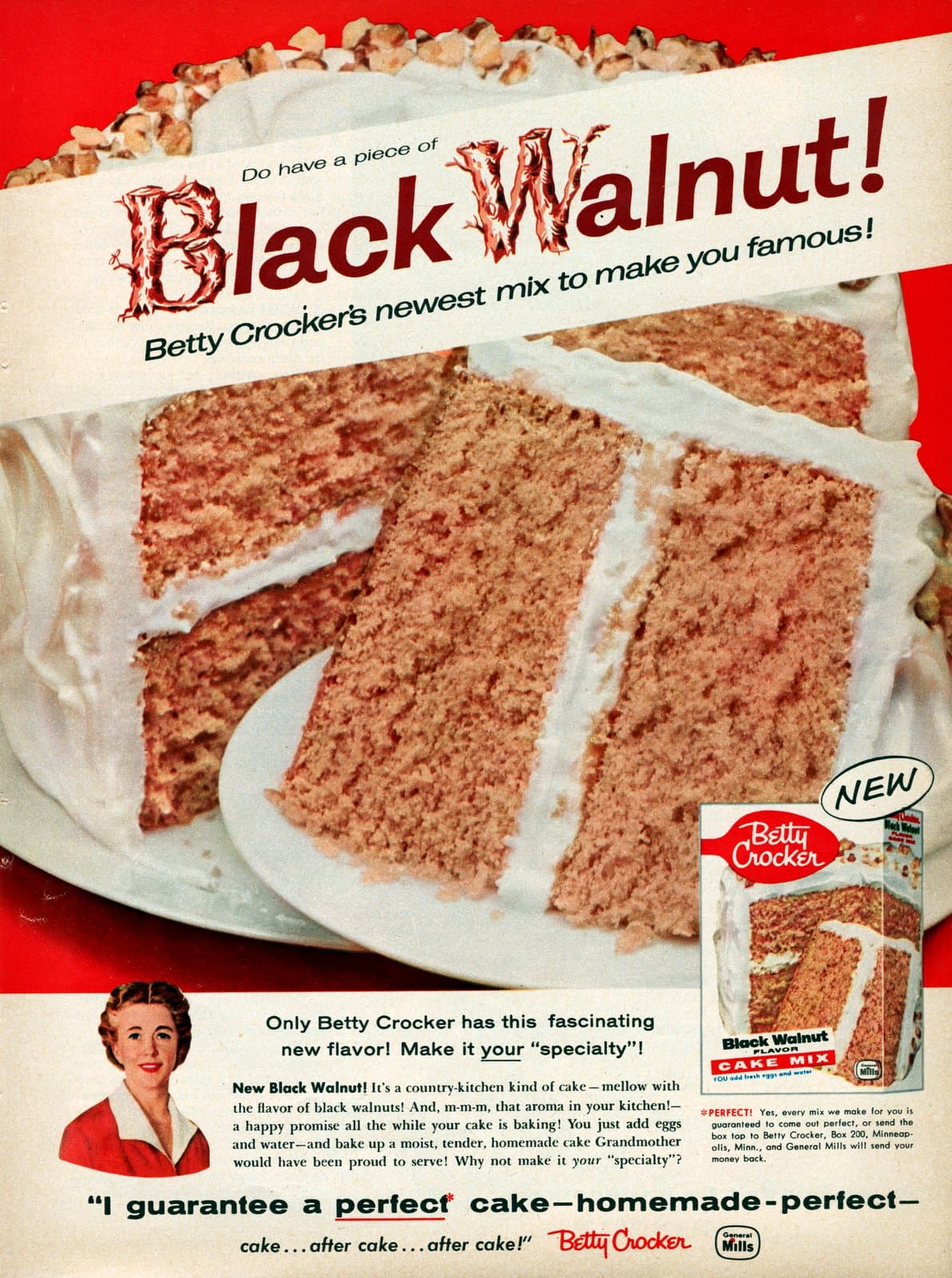 Discontinued 1950s Betty Crocker Black Walnut cake mix (1958)
