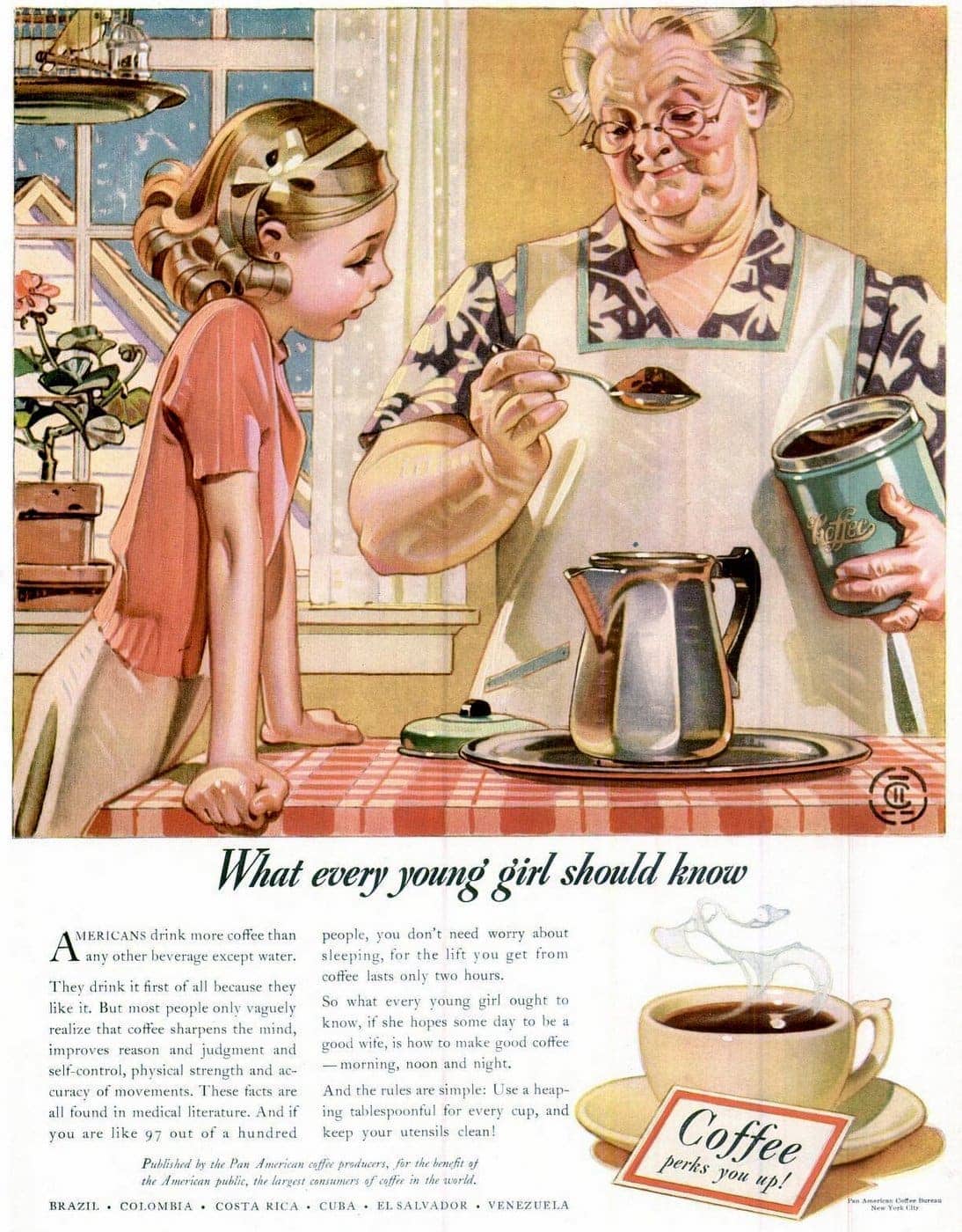 The perks of vintage coffee: How a cup of joe became the most popular drink all across America, plus old-fashioned ways to make it (1950s) 1 Every young girl should know how to make coffee - 1940
