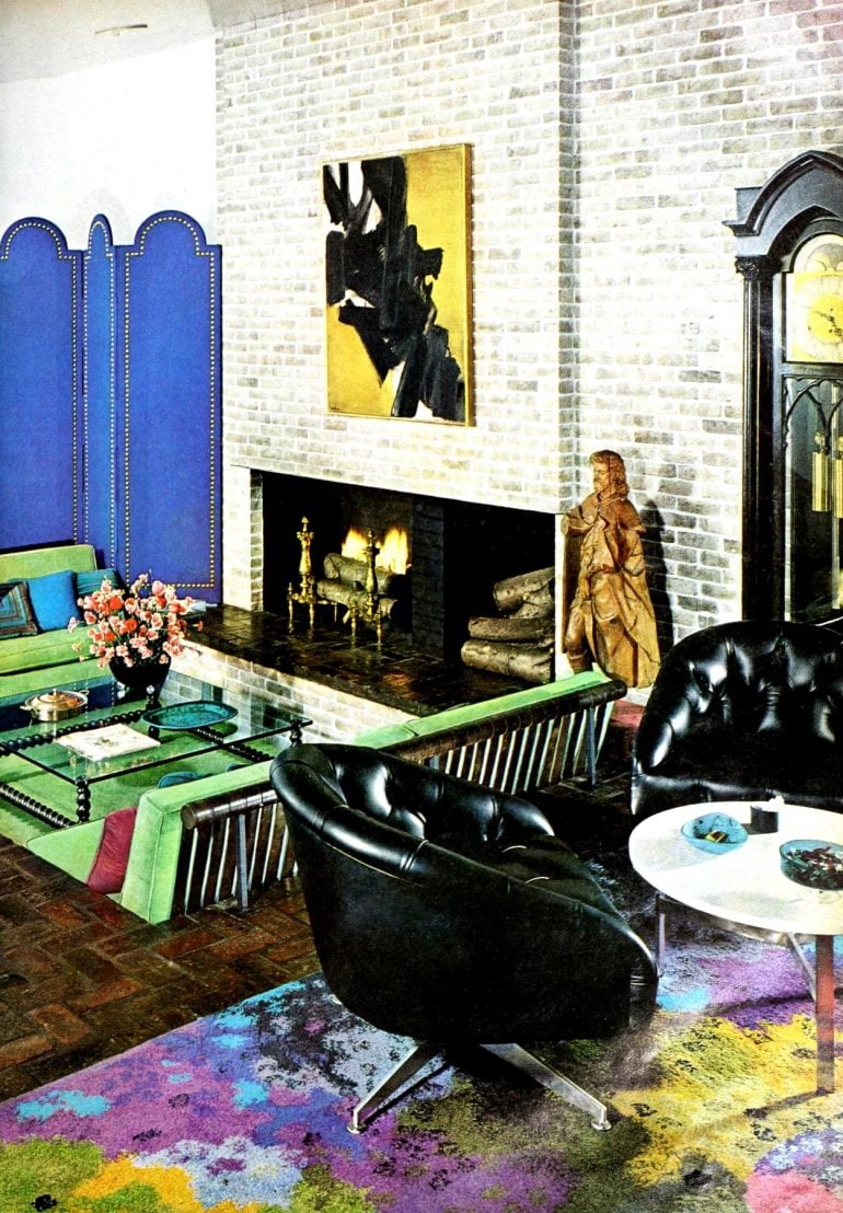 Fab funky colors metro retro carpeted conversation pit living room fireplace