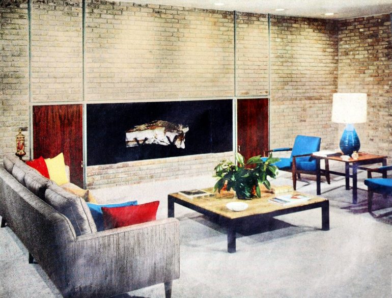 Flat brick fireplace wall dominated large midcentury modern living room
