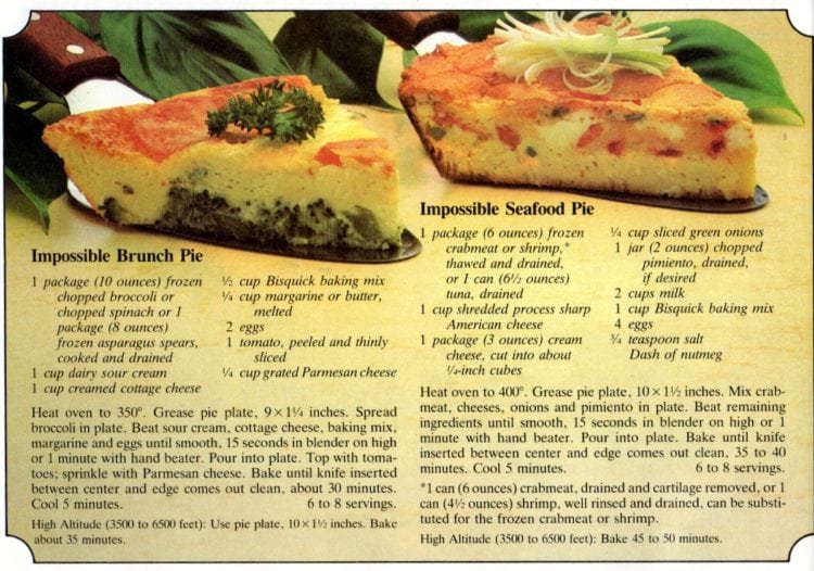 Impossible brunch pie & Impossible seafood pie recipes