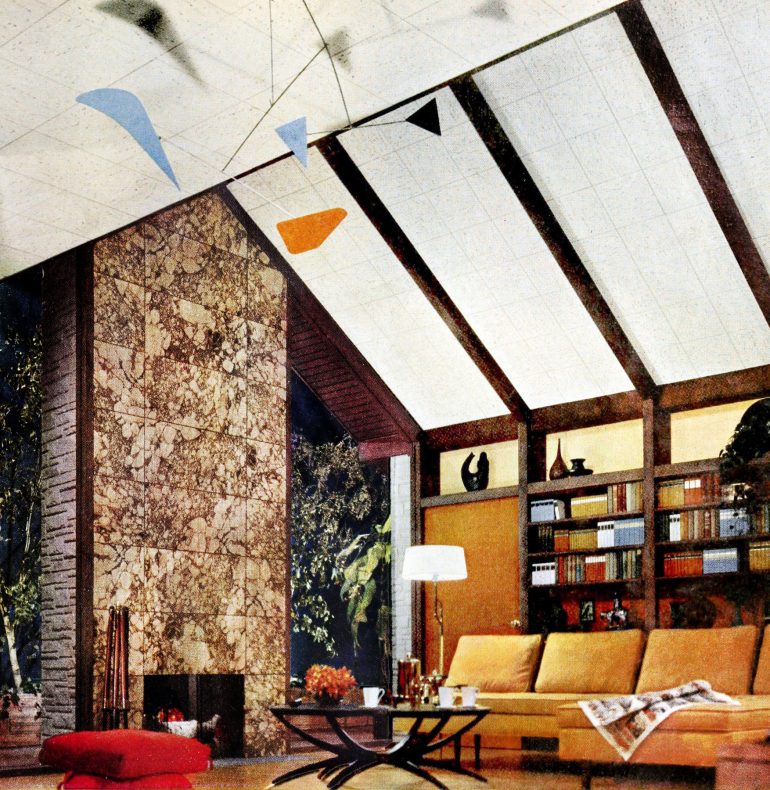 Marble dramatic two-story fireplace mid century modern living room