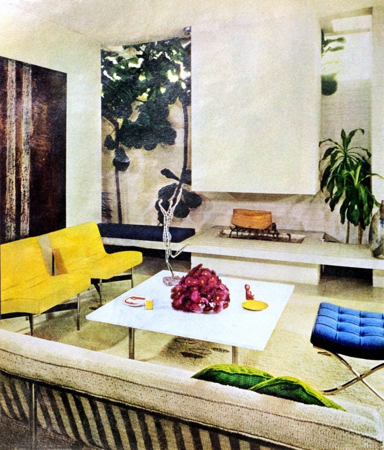 Midcentury style living room an airy white fireplace (1966)