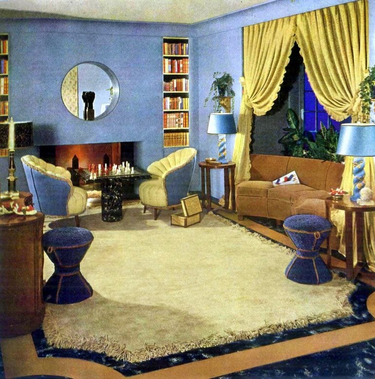 Modern but cozy vintage living room decor had style elements from two eras
