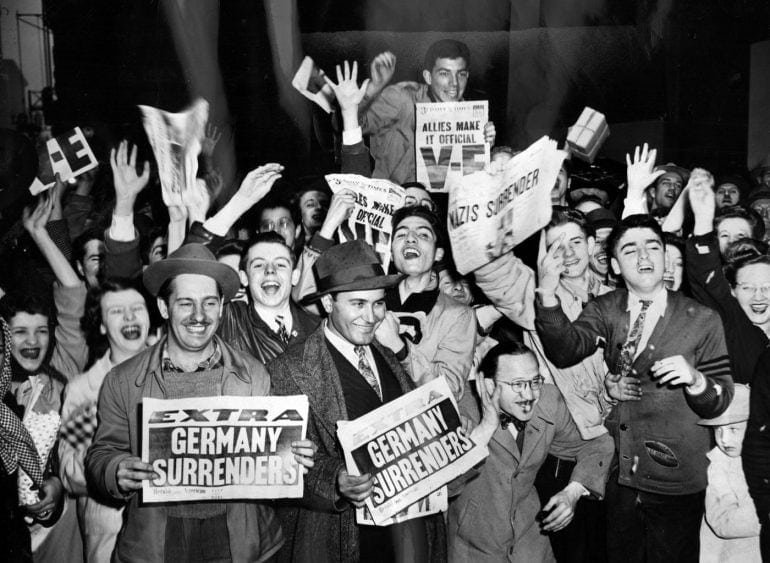 NAZIS SURRENDER newspaper headlines - VE Day - Victory in Europe 1945