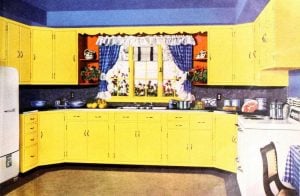 Old-fashioned yellow kitchen with blue accents (1950)