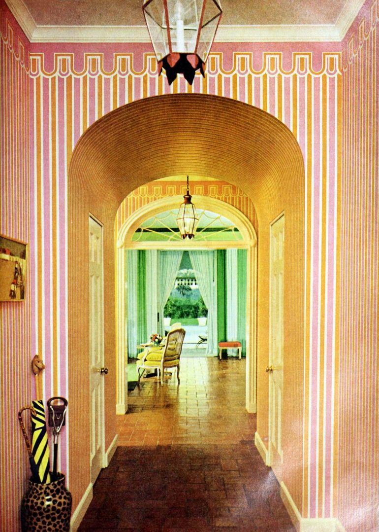 Pink and orange striped entrance hall decor