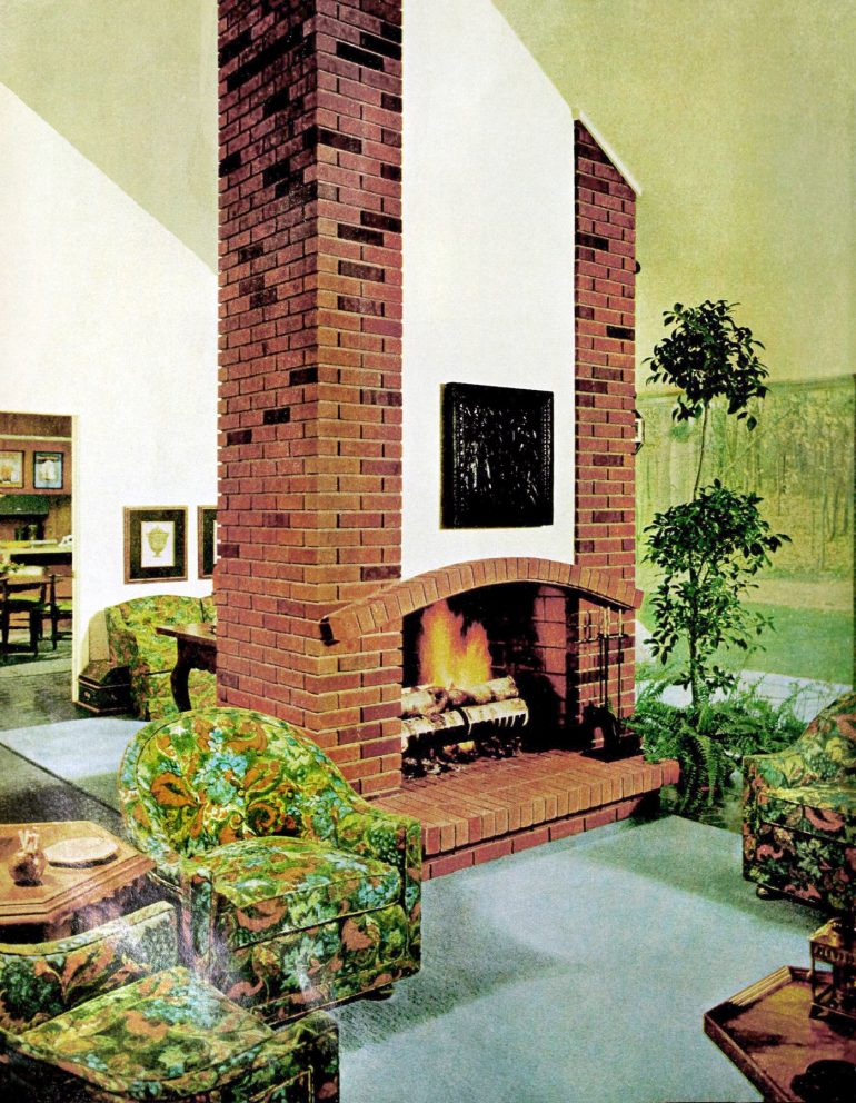 Tall brick fireplace model midcentury living room (1966)