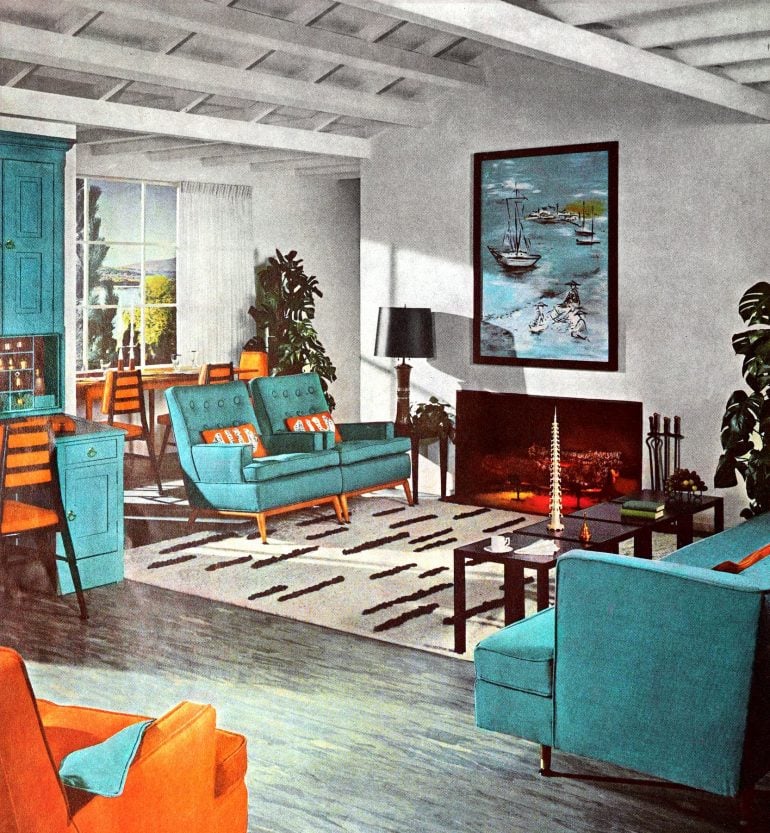 Turquoise orange decor warm house cool home (1950s)