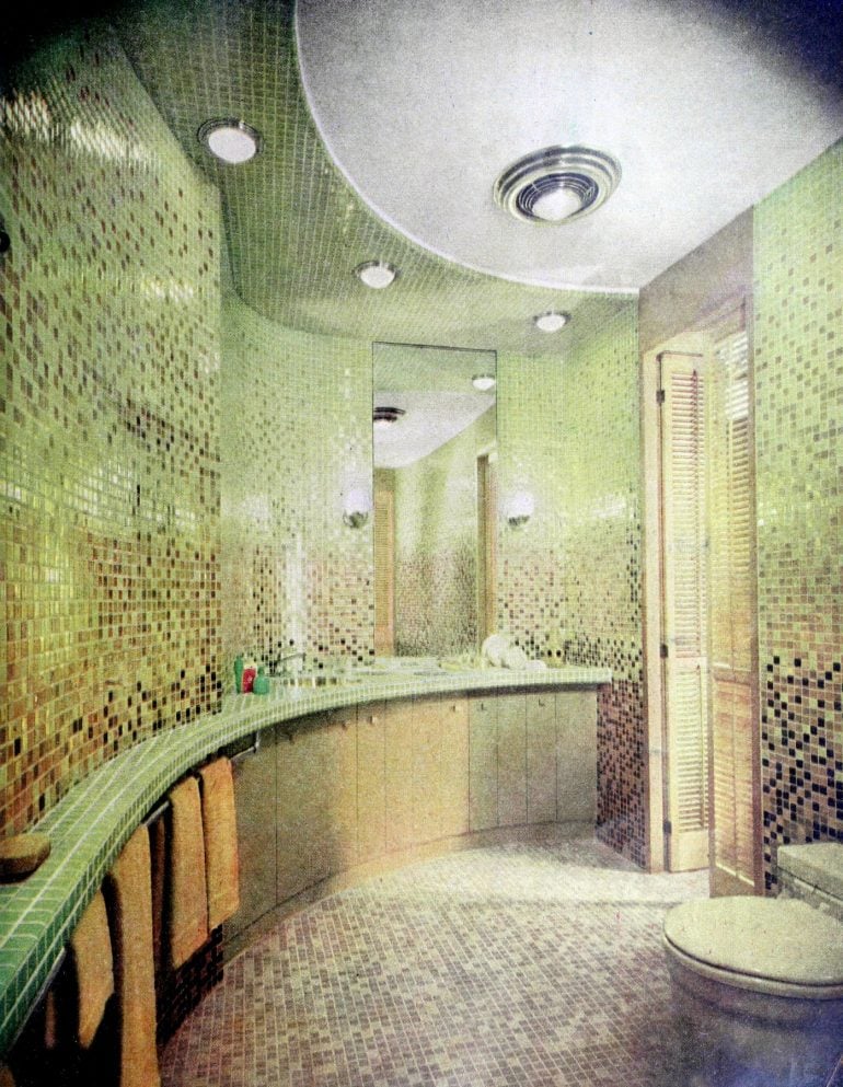 Vintage 1950s curved mosaic tile bathroom decor