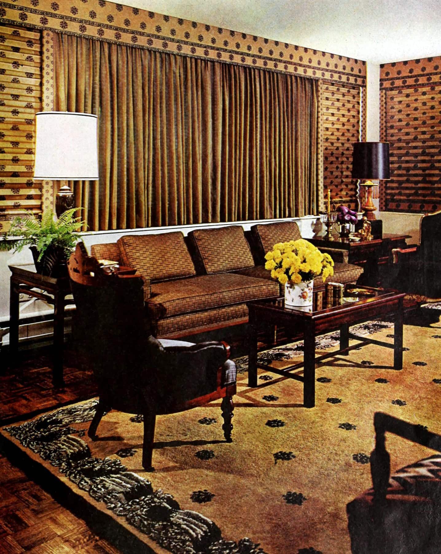 Vintage 1960s brown living room color scheme that still looked lively