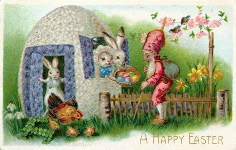 Vintage Easter postcard from 1909 with an egg house