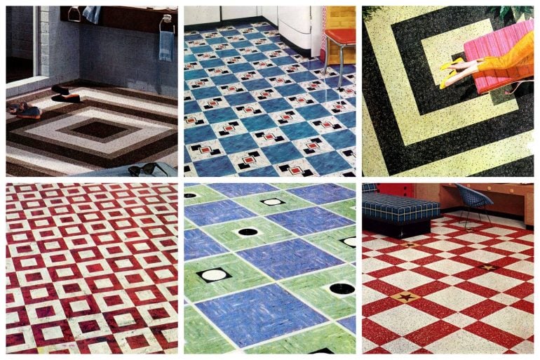 Vintage home style 1950s vinyl floor tiles in square patterns