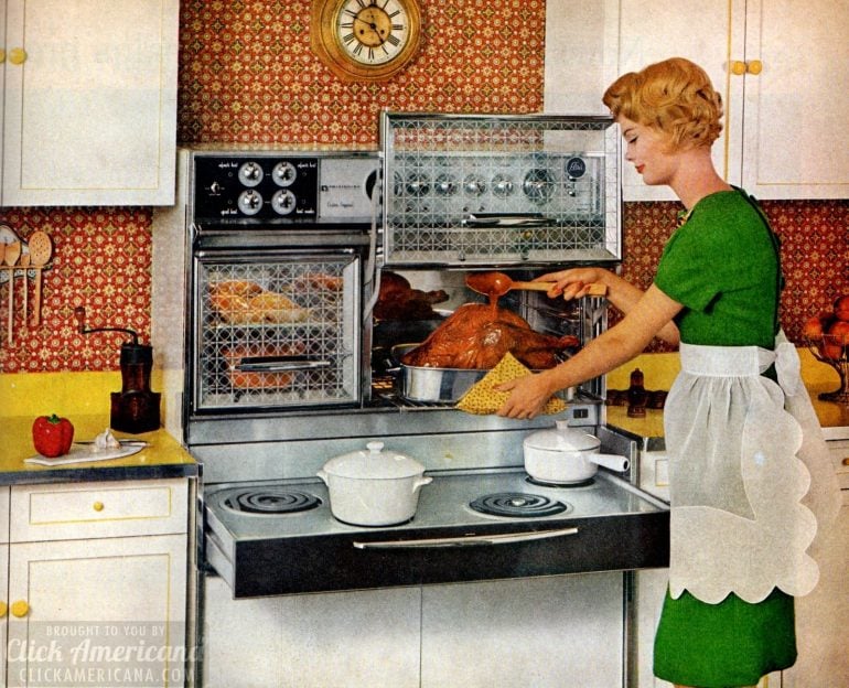 Vintage kitchen appliances from 1961 - Frigidaire Flair pull-out range stove and ovens with glass doors that lift up