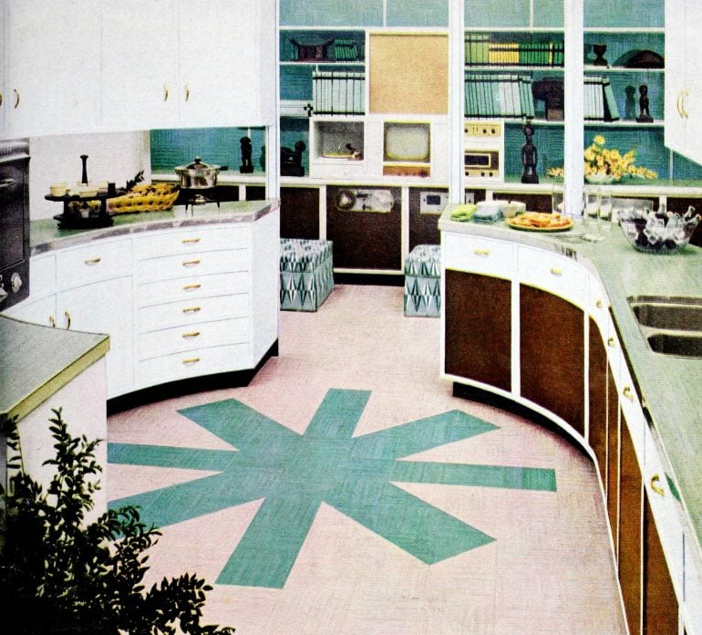 Vintage rounded 1950s kitchen with big mod graphic
