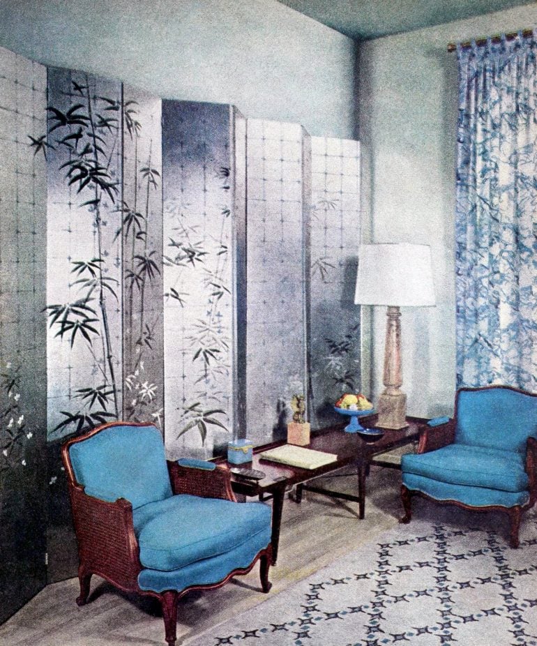 Wallpapered panels for a blue vintage living room 1950s