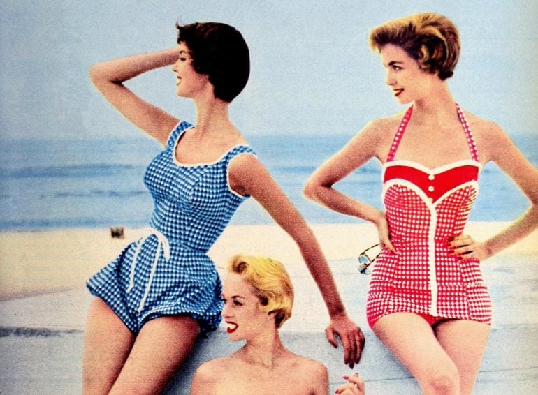 Women in vintage swimsuits from the 1950s