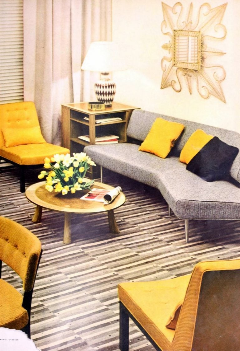 Yellow, black and grey midcentury modern living room