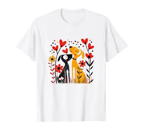 Two cute dogs & hearts with retro midcentury modern style T-Shirt